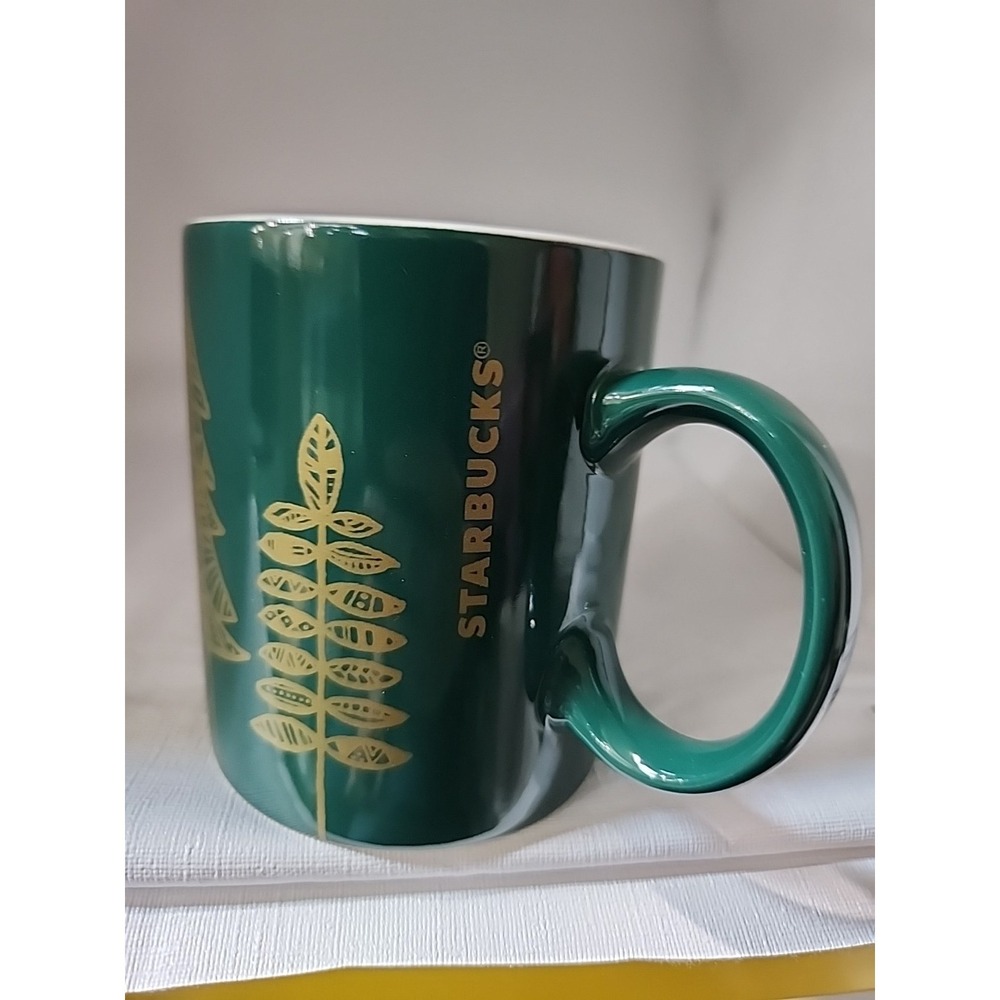 Starbucks Coffee Mug Hunter Green Gold Metallic Evergreen Trees Holiday 12oz